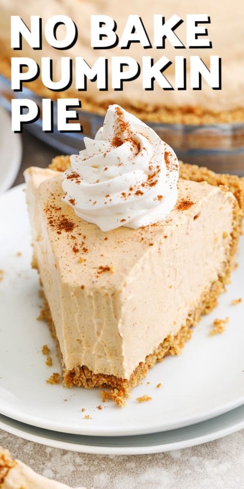 A slice of no bake pumpkin pie with whipped topping with a title