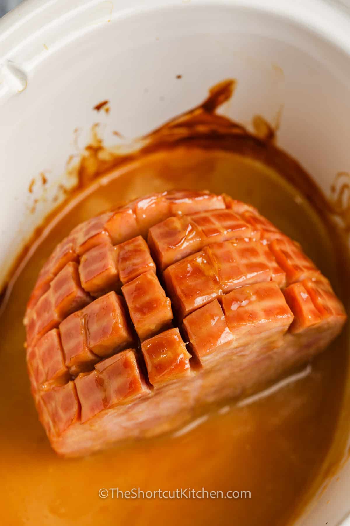 cooked brown sugar ham in a crockpot
