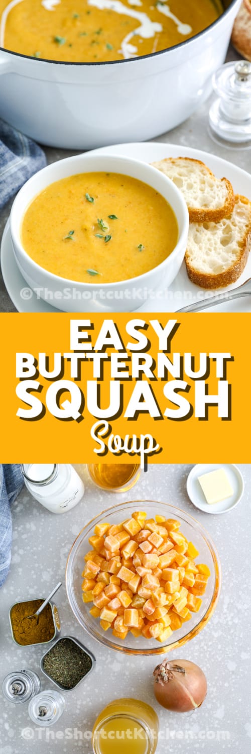 easy butternut squash soup and ingredients with text
