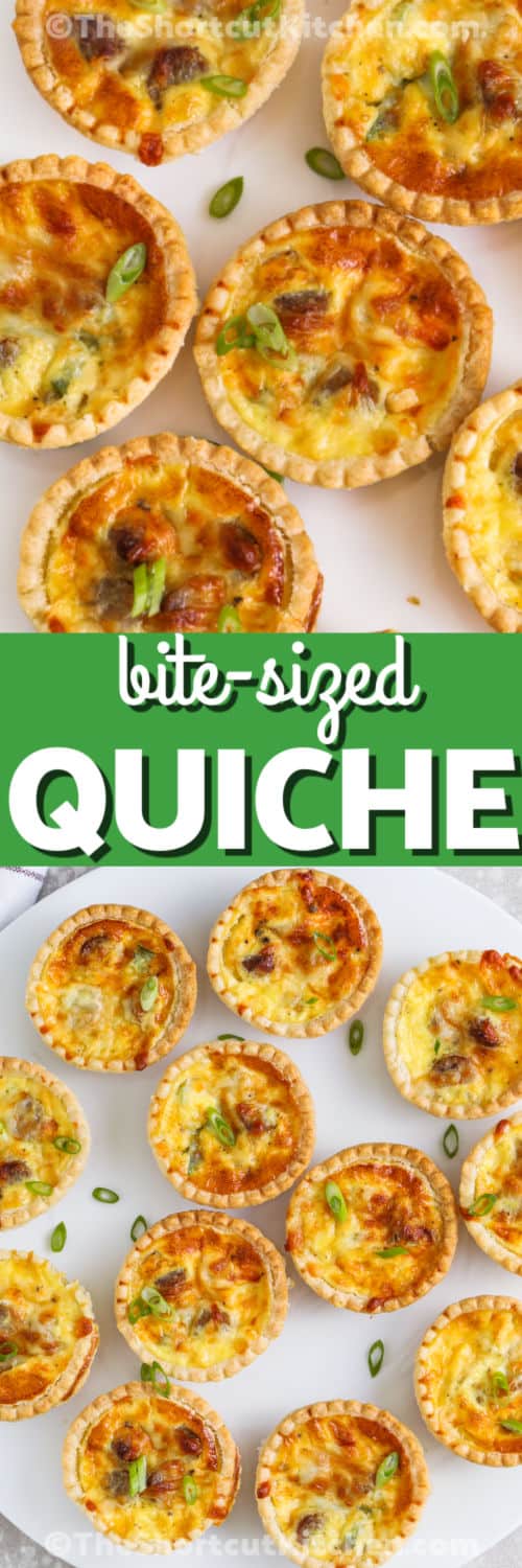 Mini Quiche Recipe on a plate and close up with a title