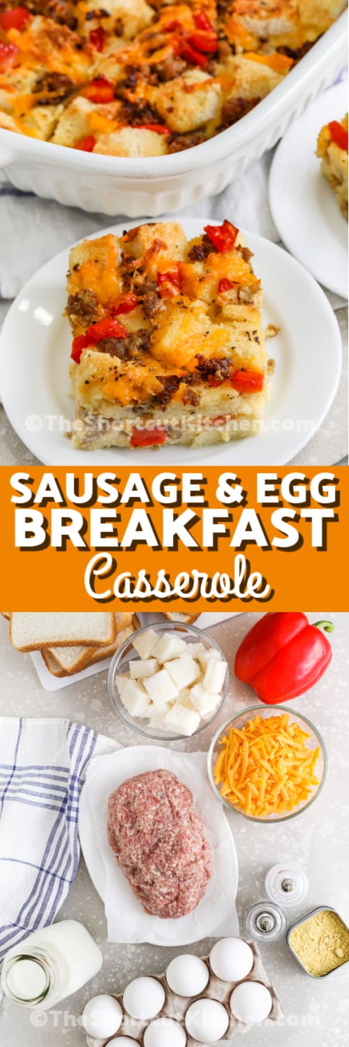 sausage and egg breakfast casserole and ingredients with text