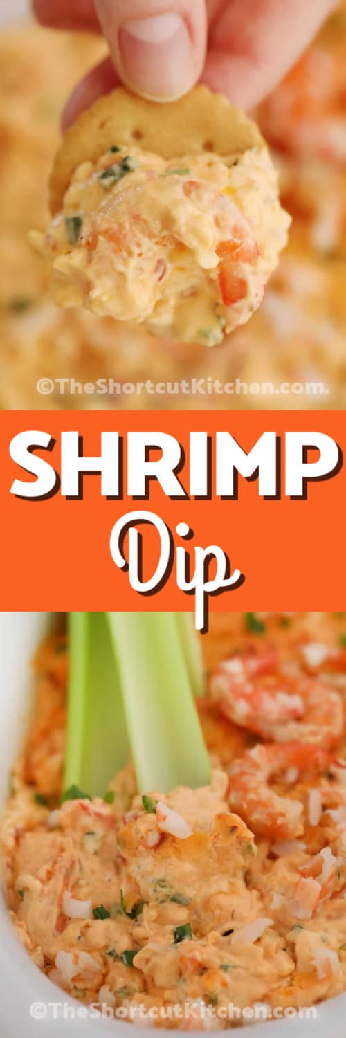 A cracker with shrimp dip on it being held, and Shrimp dip in a white bowl with celery sticks in it