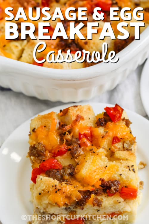 sausage and egg breakfast casserole with text