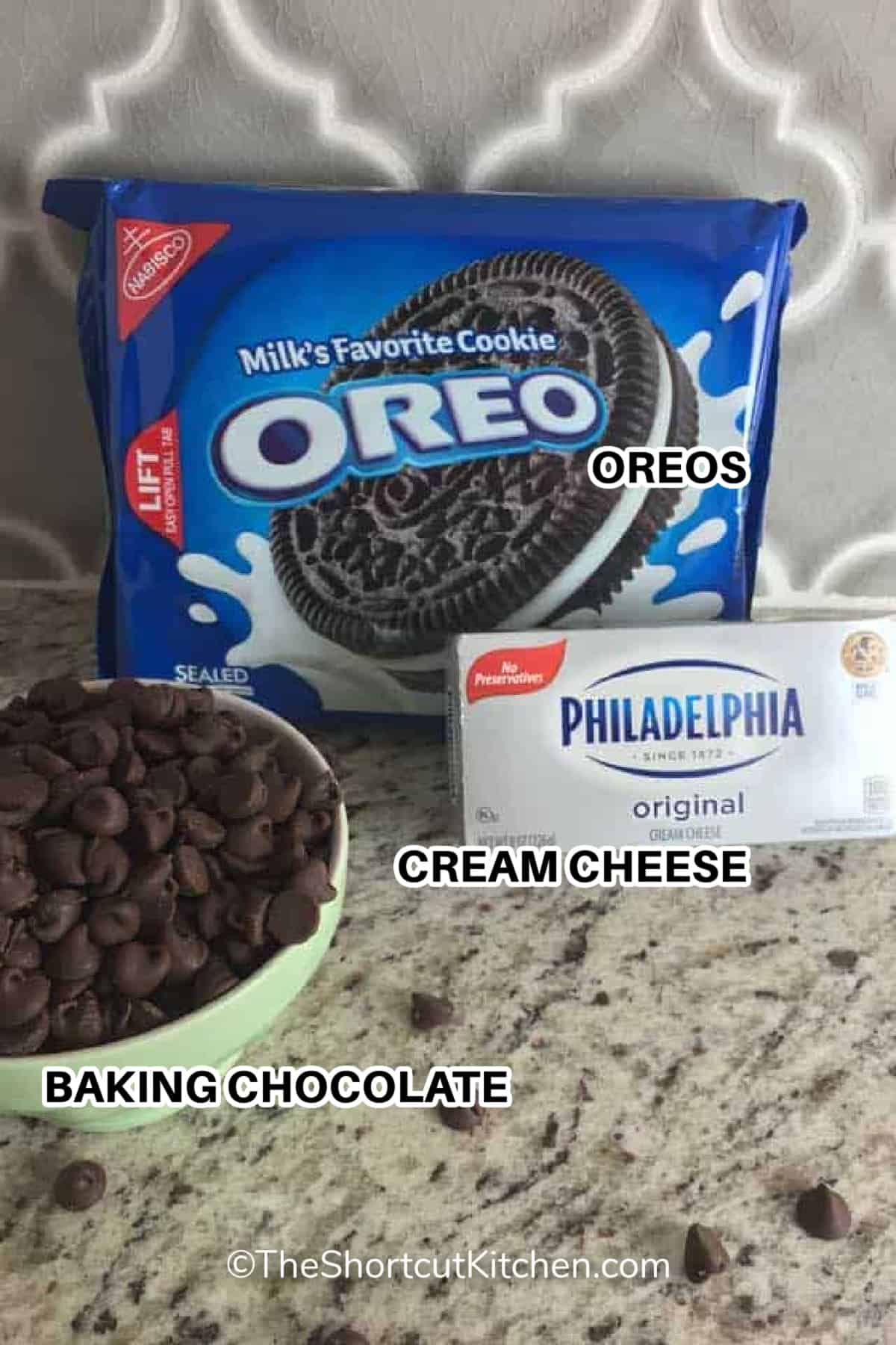 ingredients to make Thanksgiving cake pops labeled: oreos, cream cheese, and baking chocolate.