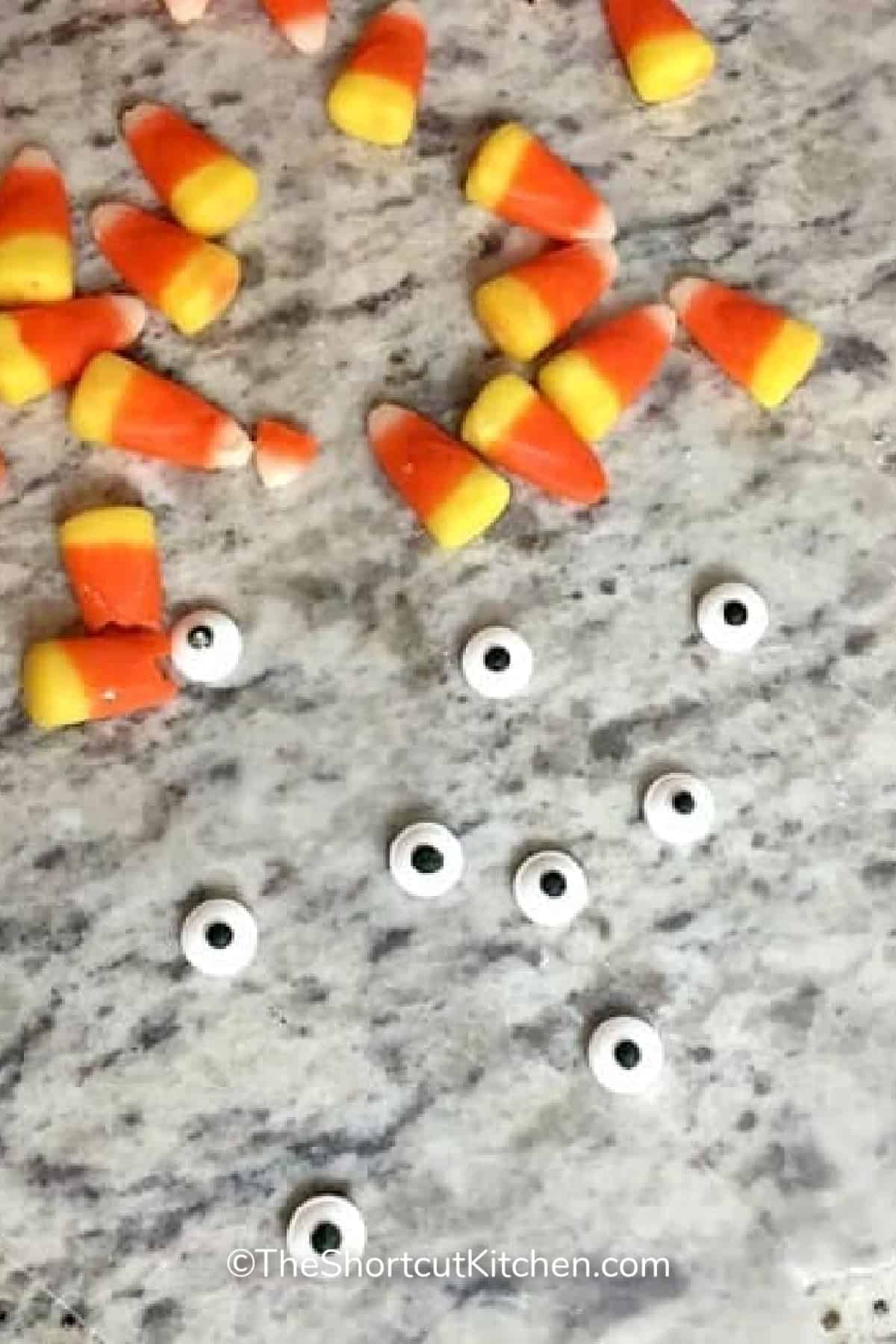 candy corn and candy eyes for Thanksgiving cake pops