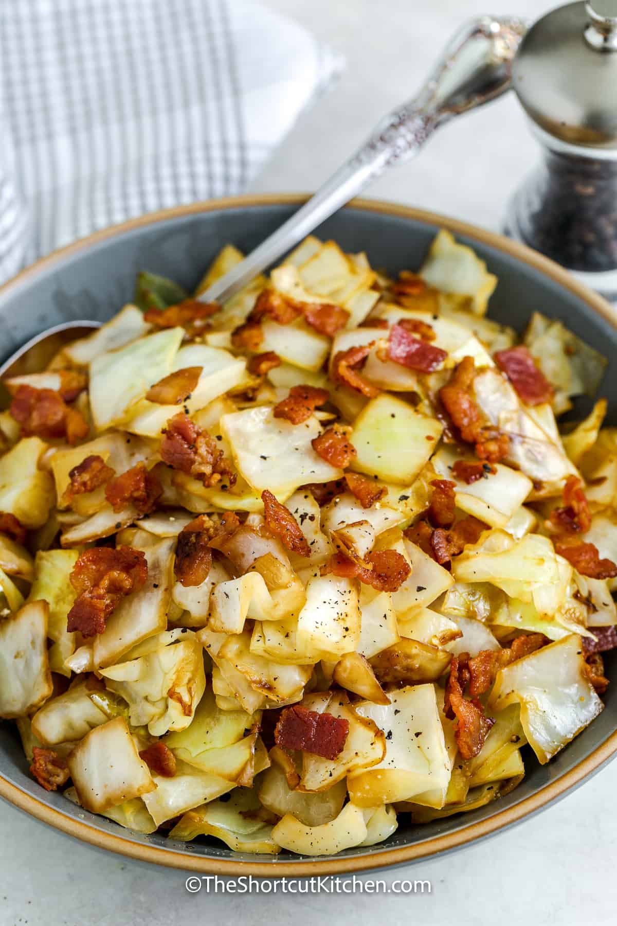 fried cabbage with bacon in a dish