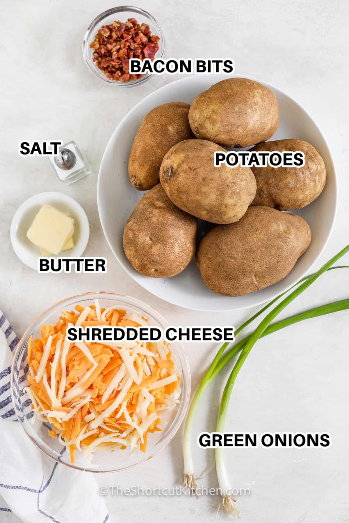 ingredients to make loaded potato skins labeled: bacon bits, potatoes, salt, butter, shredded cheese, and green onions.