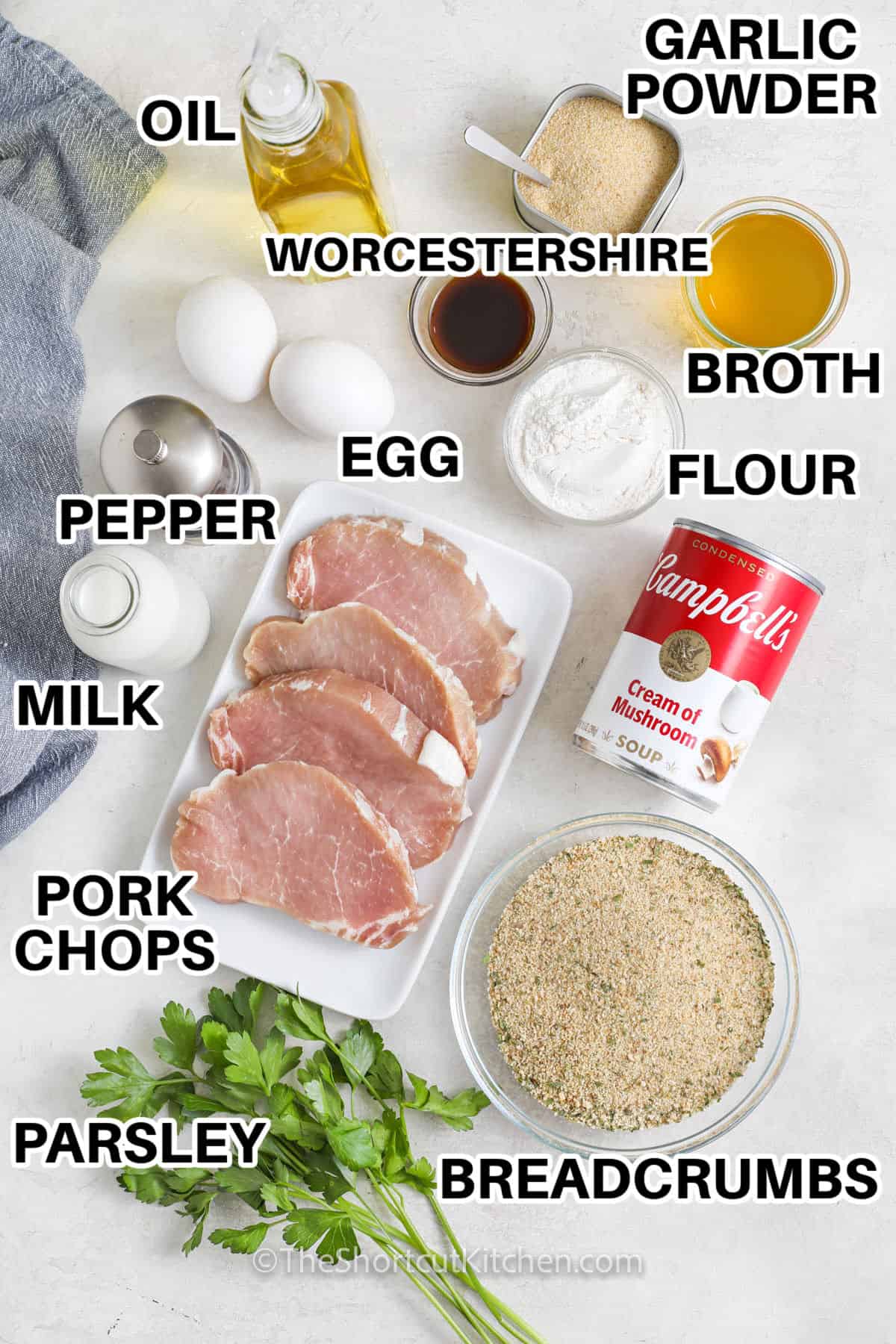 oil , worcestershire , garlic powder ,broth , flour , egg , pepper , milk , pork chops , breadcrumbs , parsley with labels to make Oven Baked Pork Chops