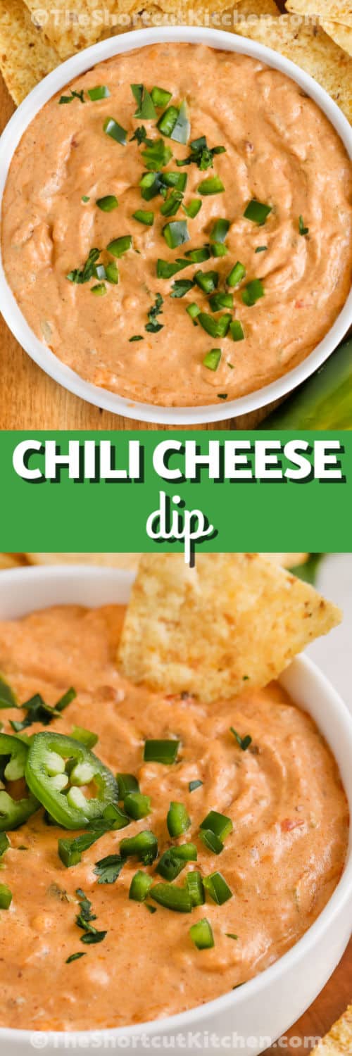 plated Chili Cheese Dip Recipe and close up with a tortilla chip and a title