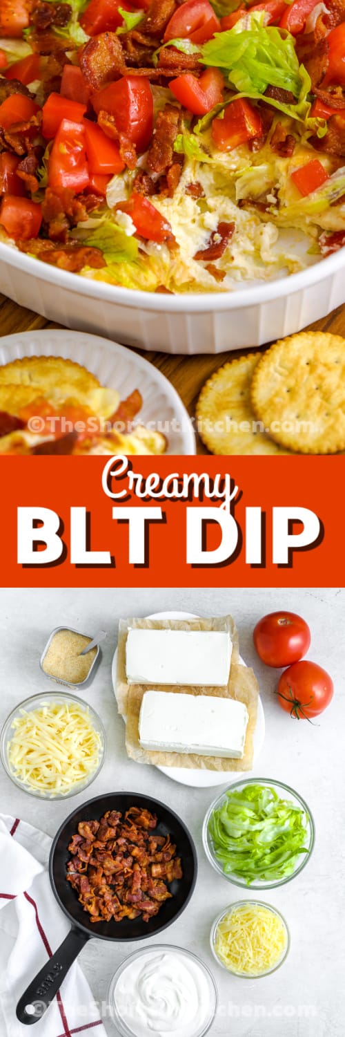 creamy BLT dip and ingredients with text