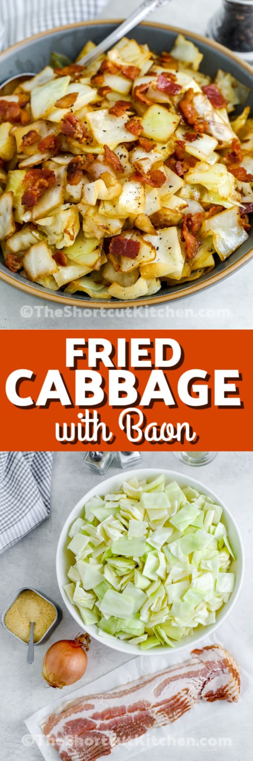 fried cabbage with bacon and ingredients with text
