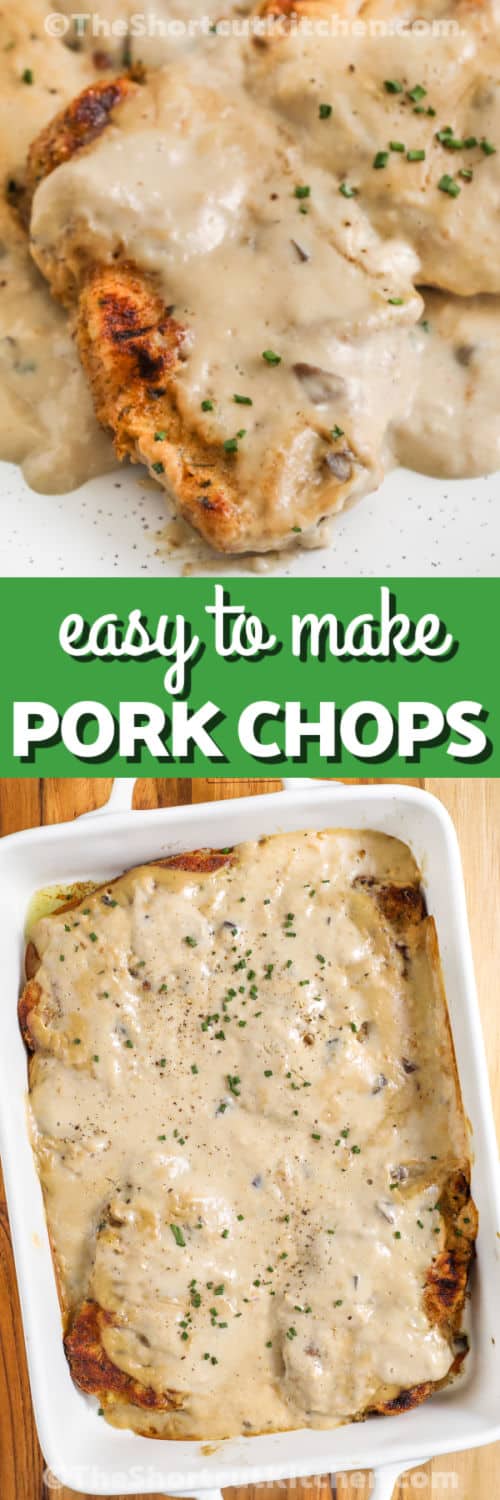 Oven Baked Pork Chops in the dish and plated with a title