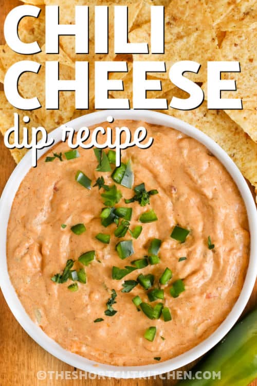 Chili Cheese Dip Recipe with chips and a title