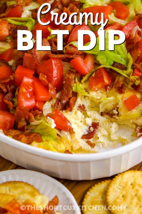creamy BLT dip in a dish with text