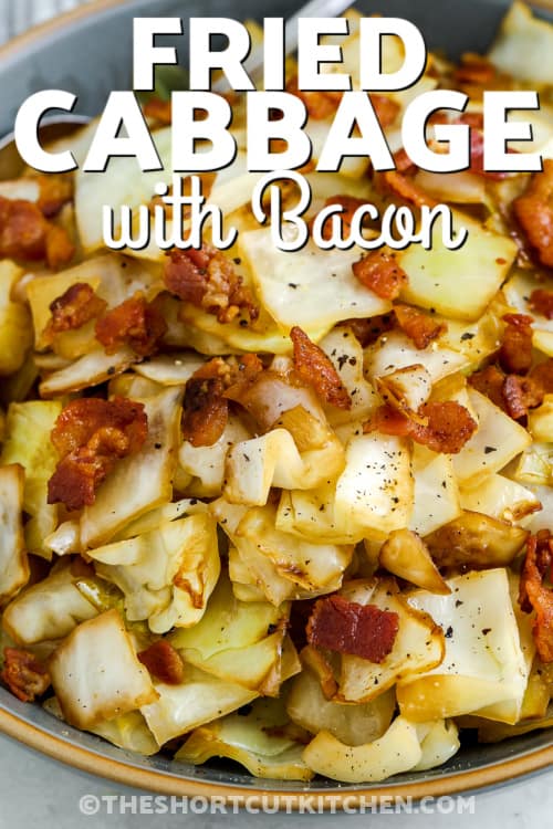 fried cabbage with bacon with text