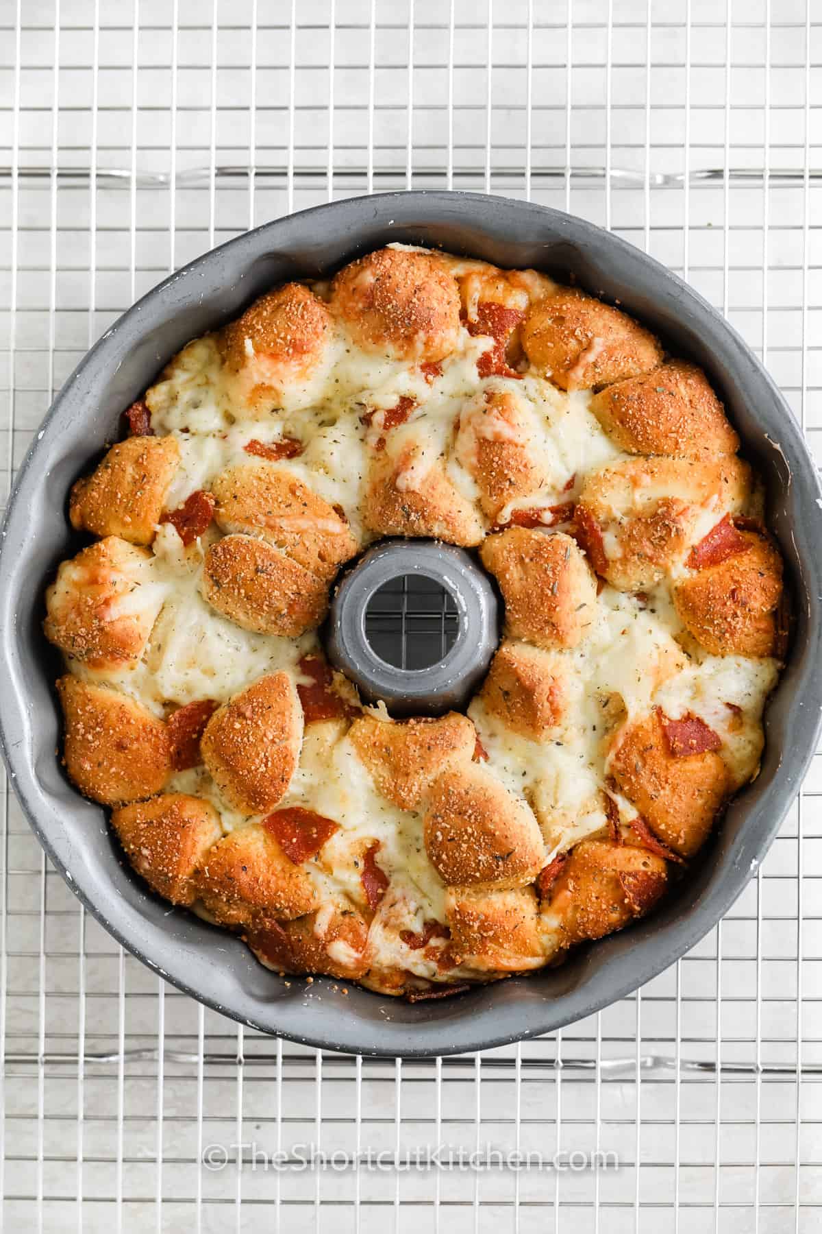 cooked Pull Apart Pizza Bread in the pan