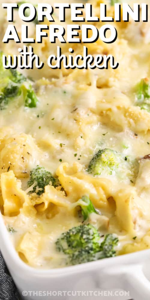 close up of Chicken Tortellini Alfredo in a baking dish with writing