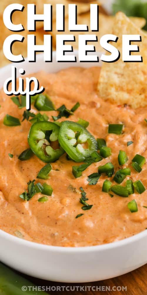 bowl of Chili Cheese Dip Recipe with writing