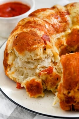 close up of Pull Apart Pizza Bread with bites taken out