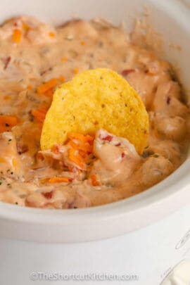 Cream Cheese Rotel Dip Recipe with a tortilla chip