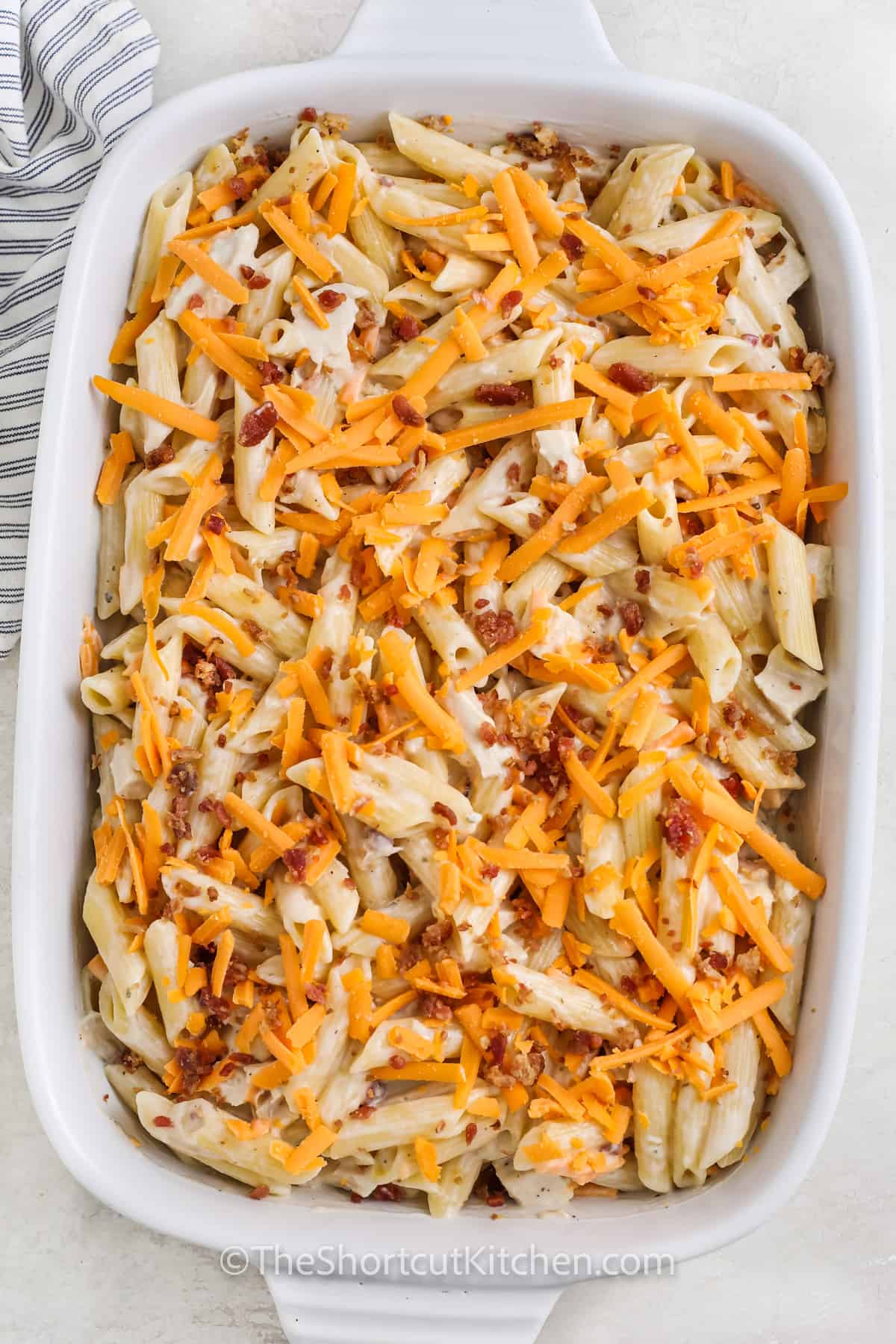 Chicken Bacon Ranch Pasta in the casserole dish before baking