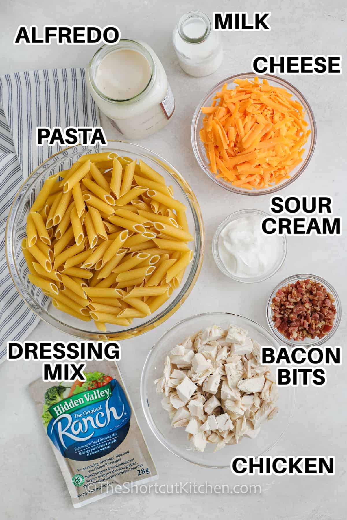 Alfredo sauce , milk , cheese , sour cream , bacon bits , chicken , pasta and ranch dressing mix with labels to make Chicken Bacon Ranch Pasta