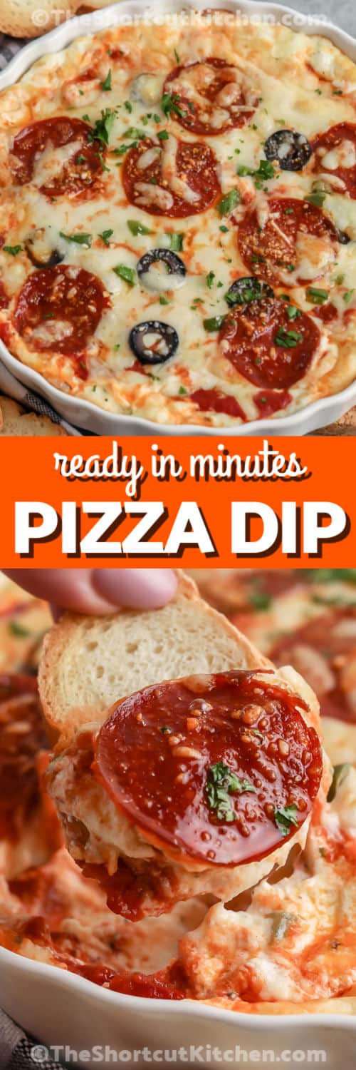 Cheesy Pizza Dip in a bowl and on a piece of bread with a title