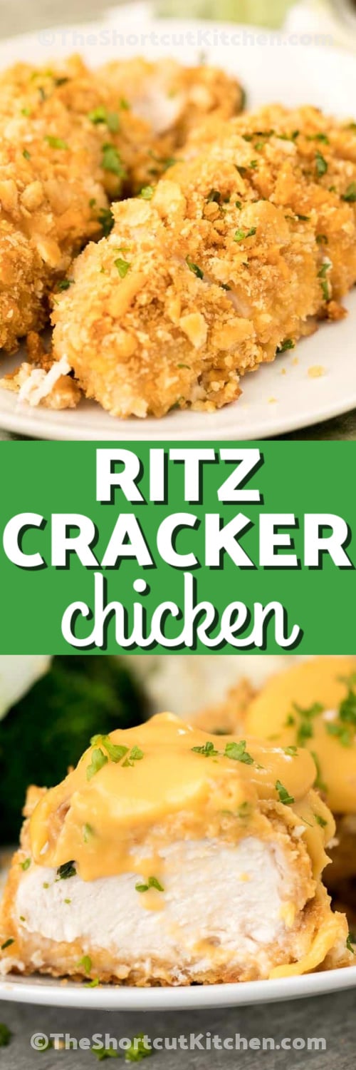 plated Ritz Cracker Chicken, and Ritz cracker chicken with a cut out of it, served with sauce under the title