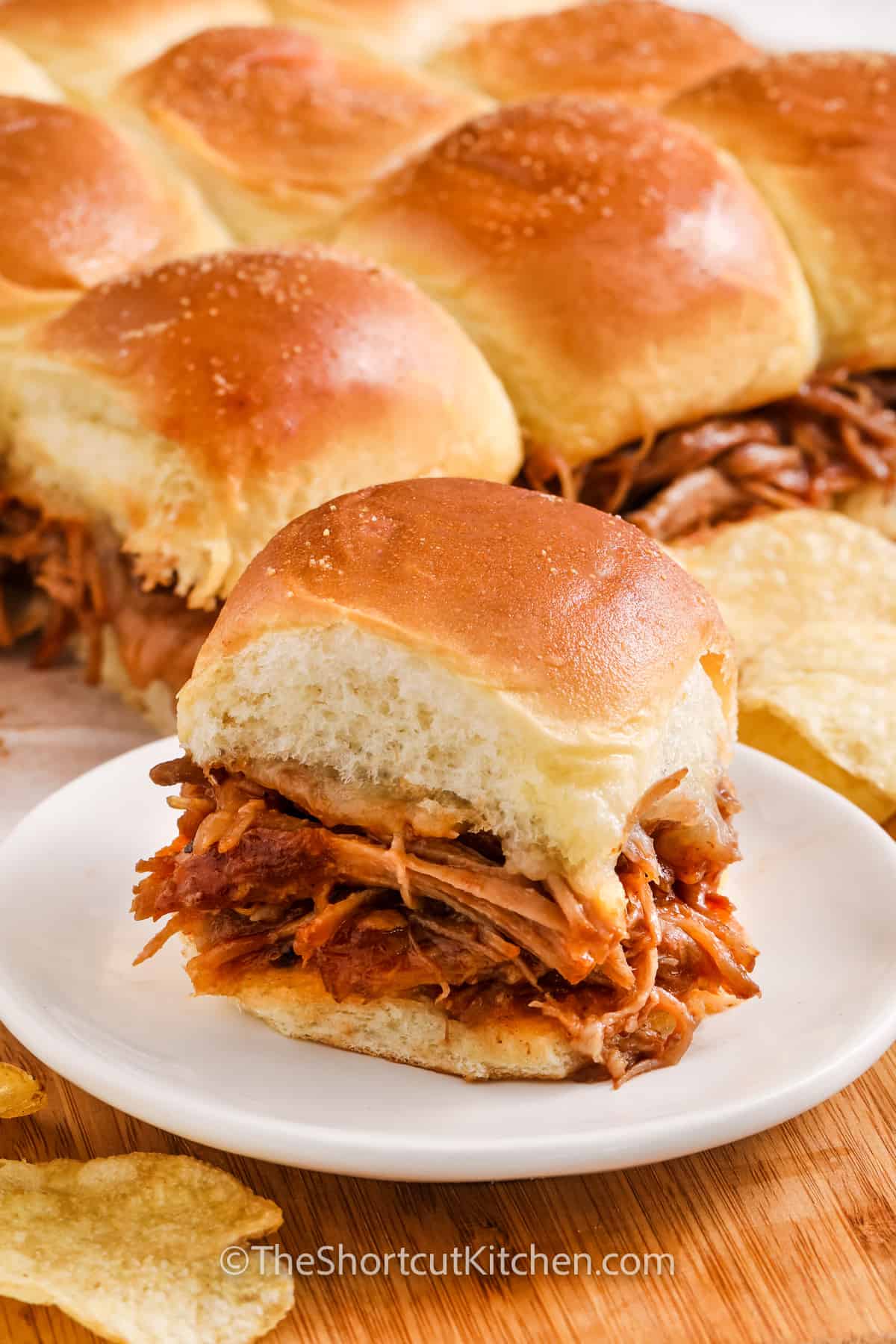 plated Pulled Pork Sliders with chips