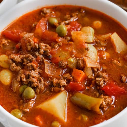 close up of ground beef soup in a bowl