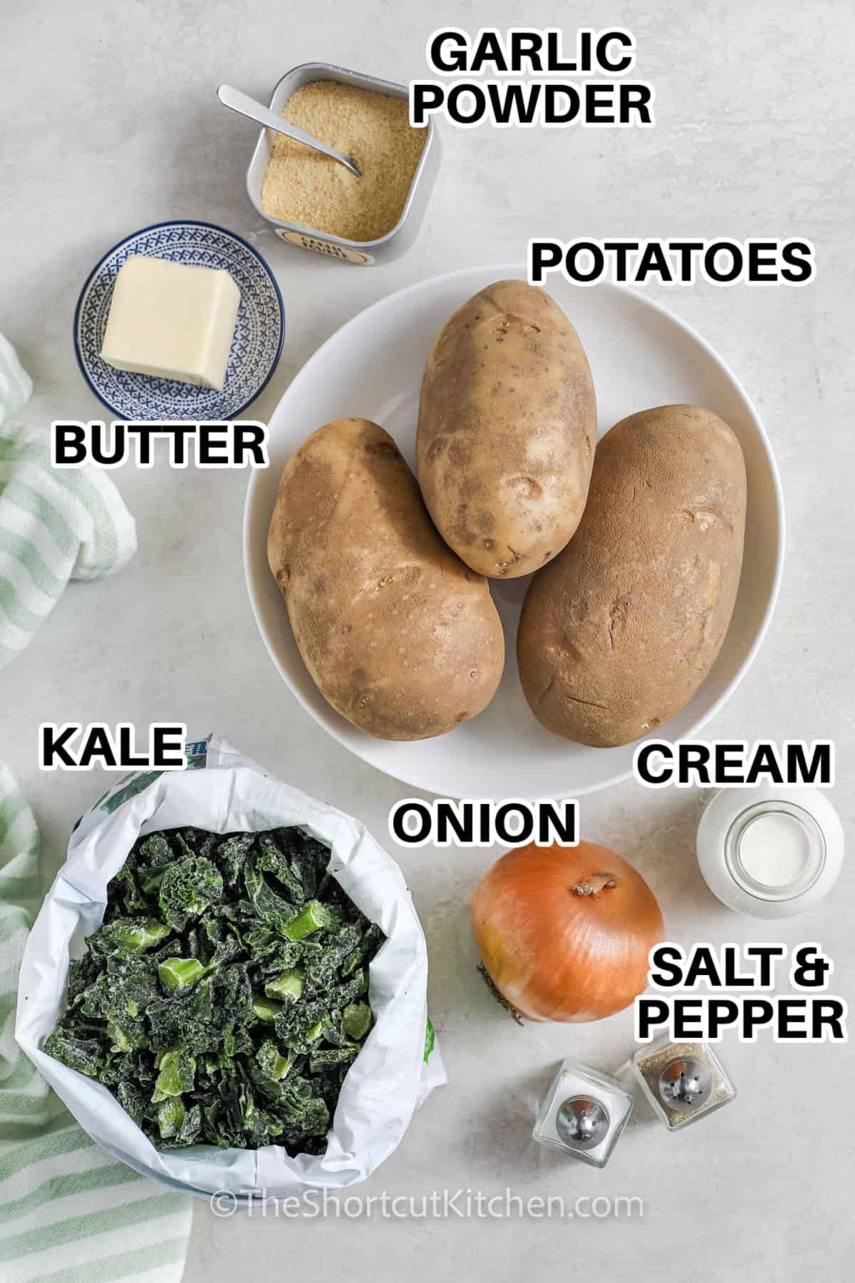 potatoes , kale , onion , cream , butter , garlic powder , salt and pepper with labels to make Colcannon Recipe