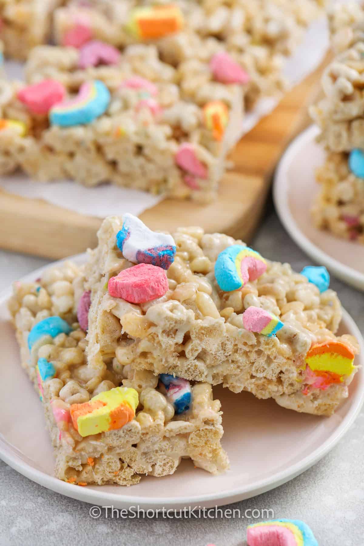 Two Lucky Charm Rice Krispie Treats on a plate
