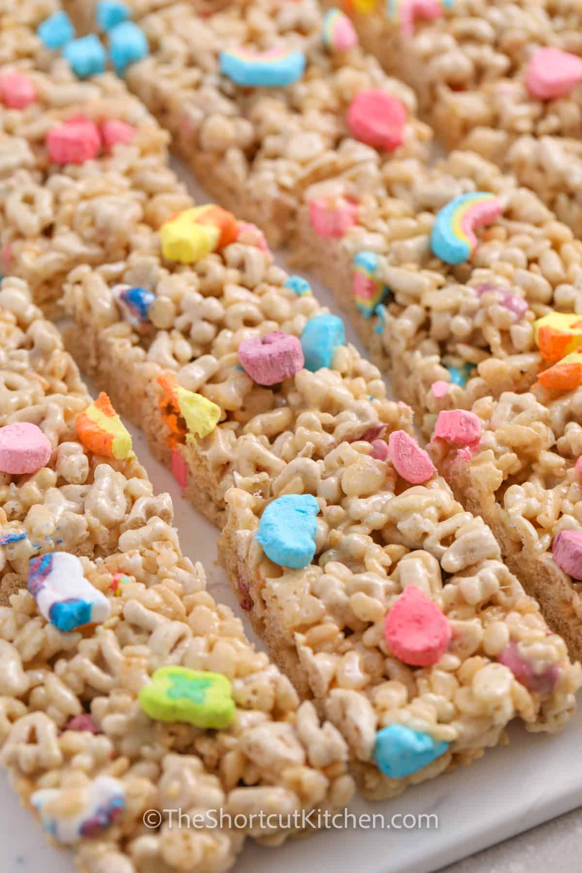 Lucky Charms Rice Krispie Treats cut into squares