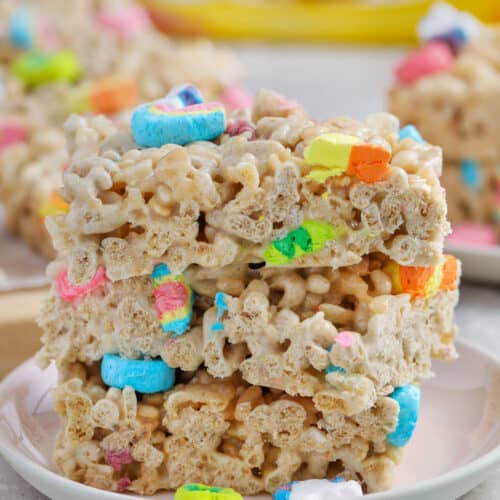 Three Lucky Charms Rice Krispie Treats stacked