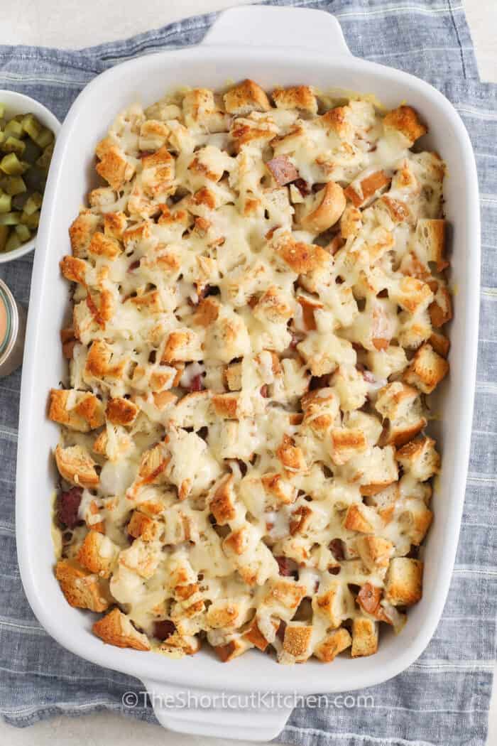 baked Reuben Casserole in the dish