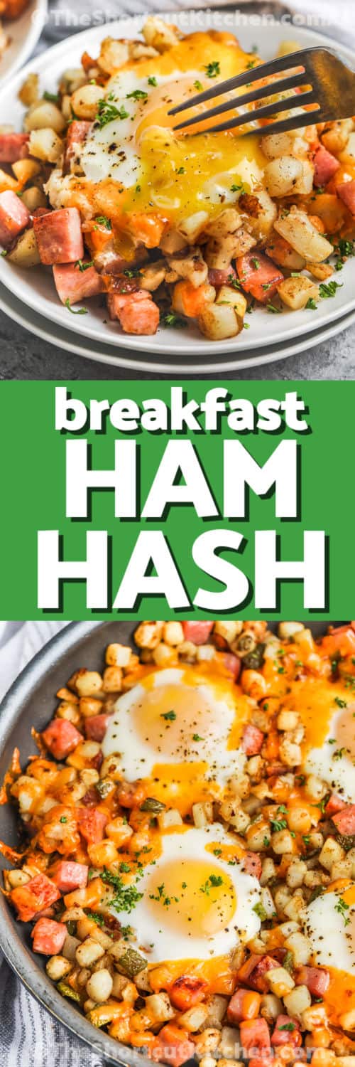 plated breakfast hash with ham, and breakfast hash in a skillet under the title