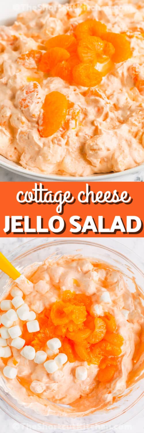 Cottage Cheese Orange Jello Salad ingredients in a bowl and plated with writing