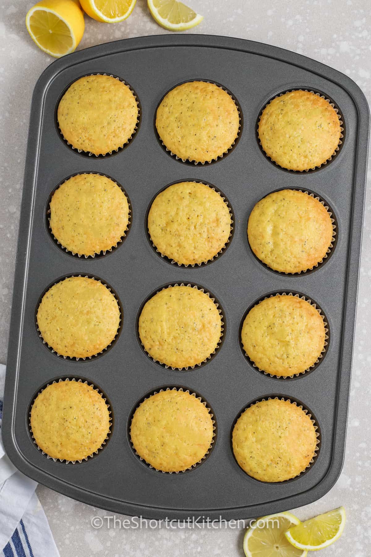 Lemon poppyseed muffin baked in a muffin tin