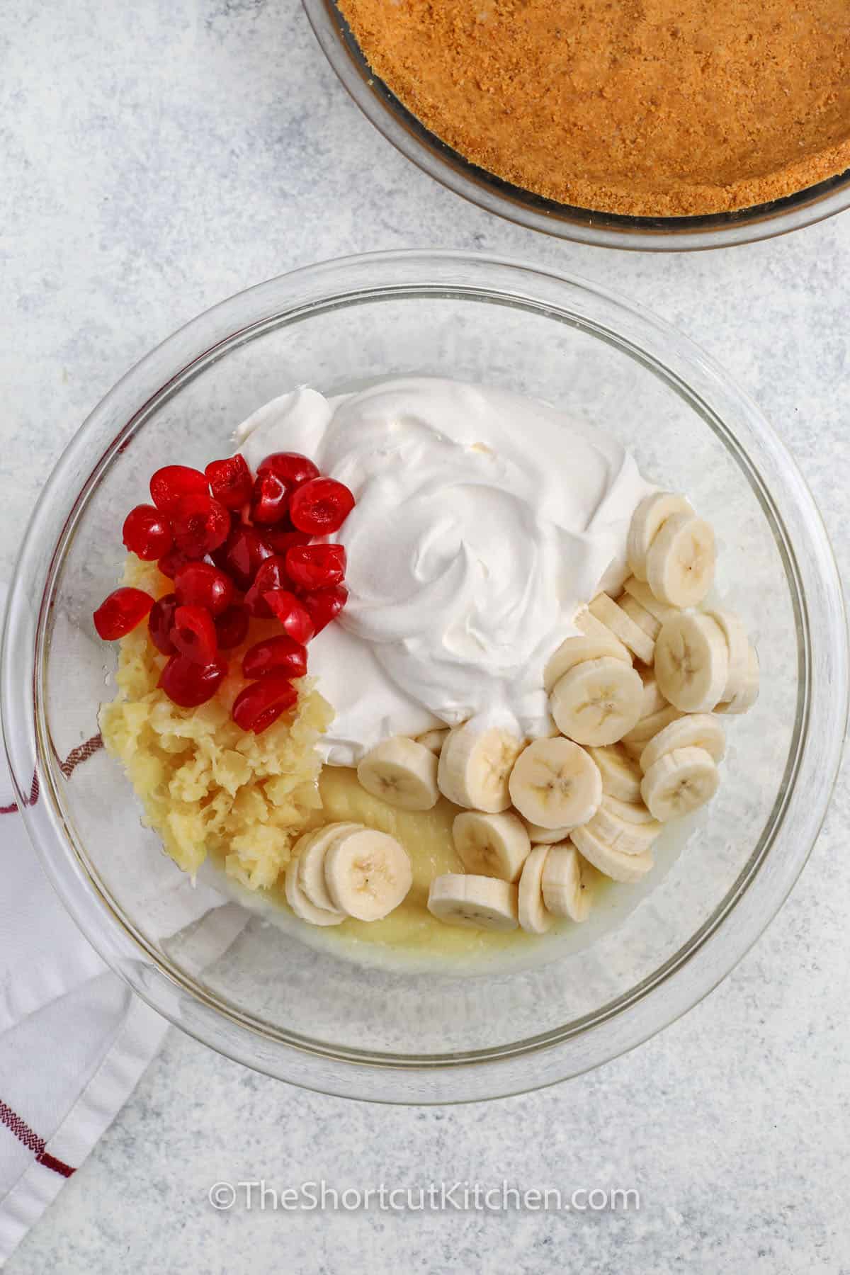 ingredients in a bowl to make filling for Banana Split Pie