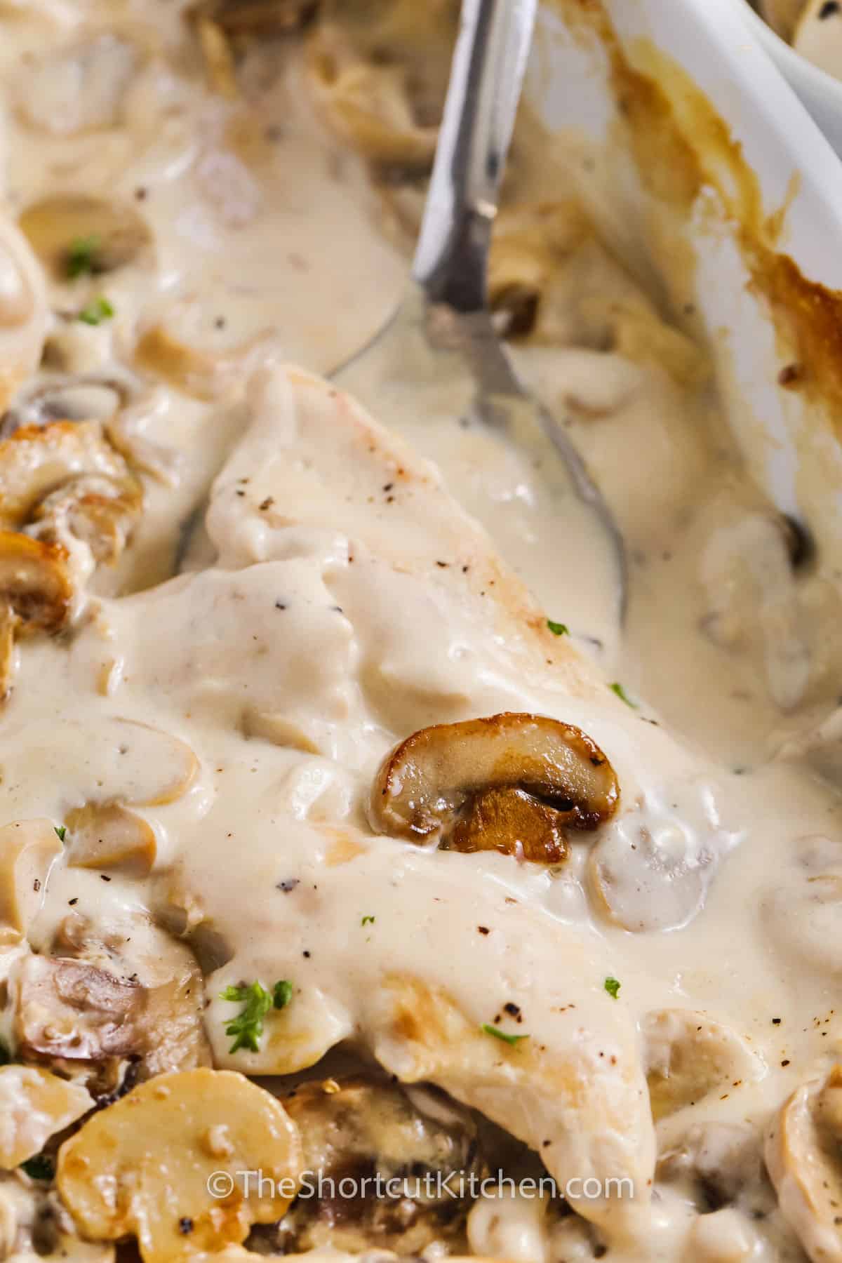 close up of Creamy Chicken Mushroom Casserole