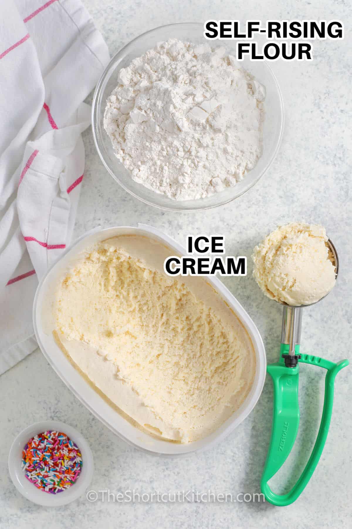 ice cream and self rising flour with labels to make Ice Cream Bread Recipe