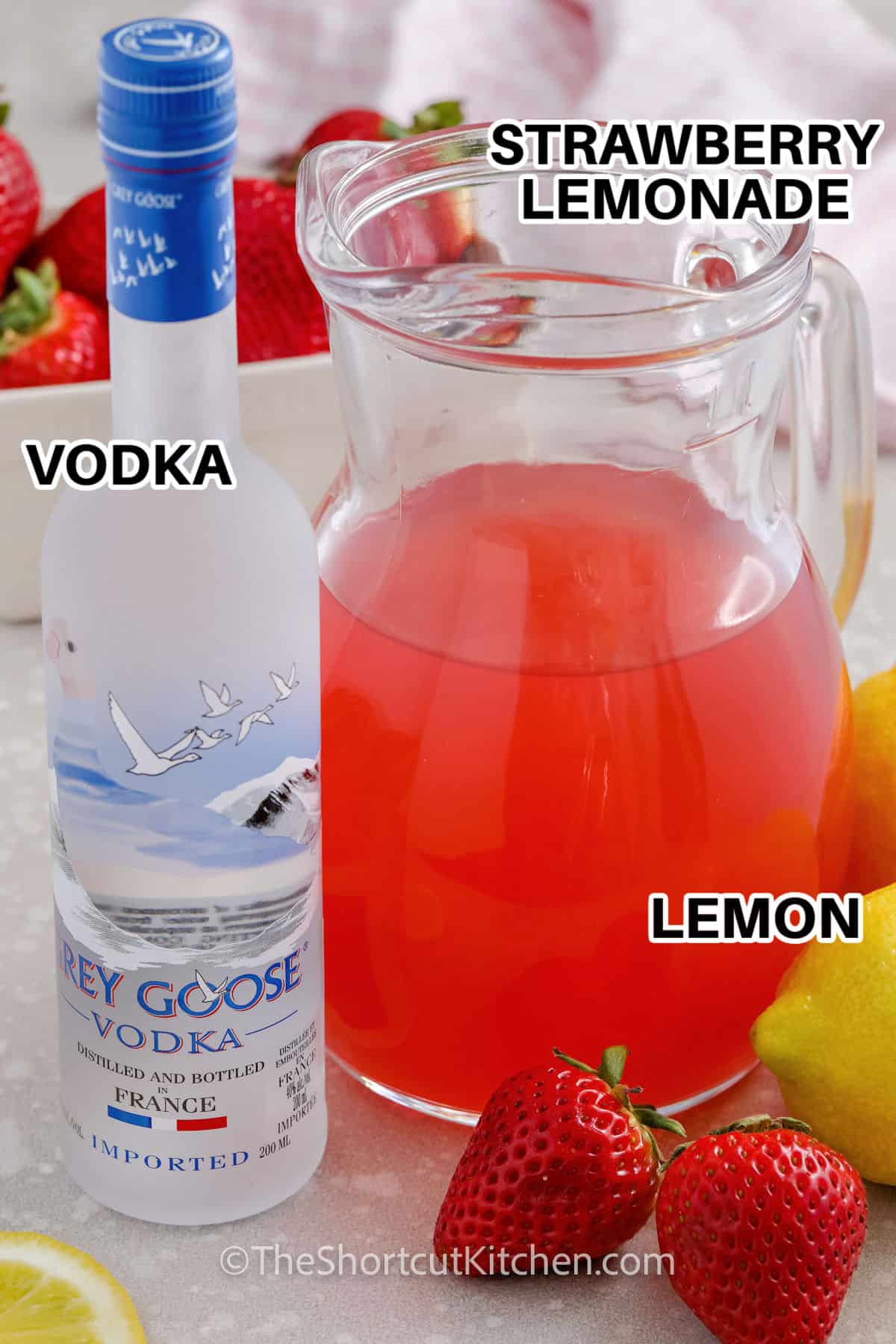 grey goose vodka , lemon and strawberry lemonade to make Strawberry Lemonade Vodka