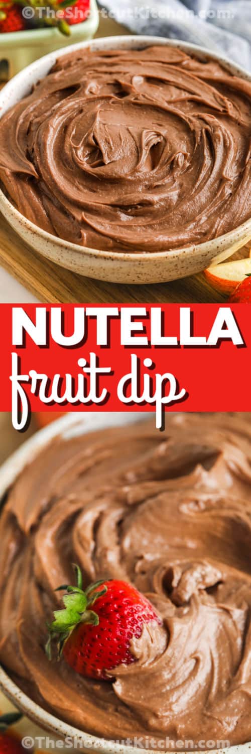 bowl of Nutella Fruit Dip and close up with a strawberry and a title