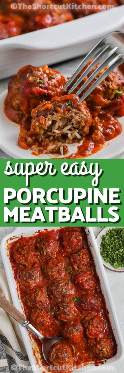 Porcupine Meatballs Recipe in the dish and plated with a title
