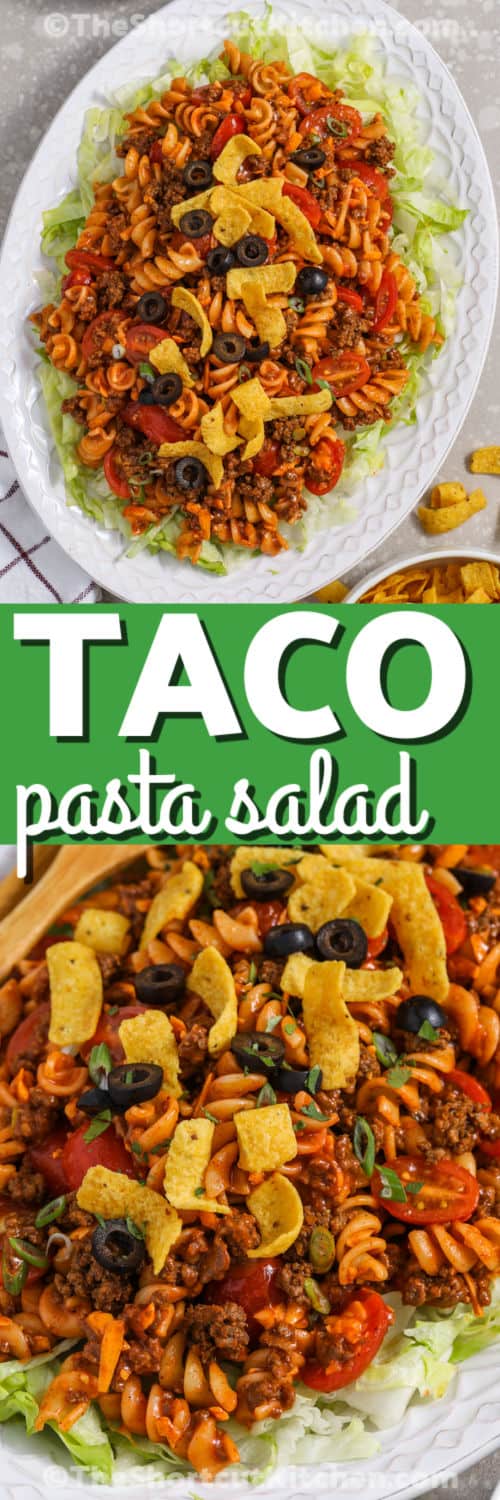 Taco Pasta Salad on a plate and close up with a title