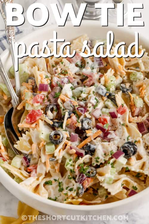 Bow Tie Pasta Salad with cheese and a title