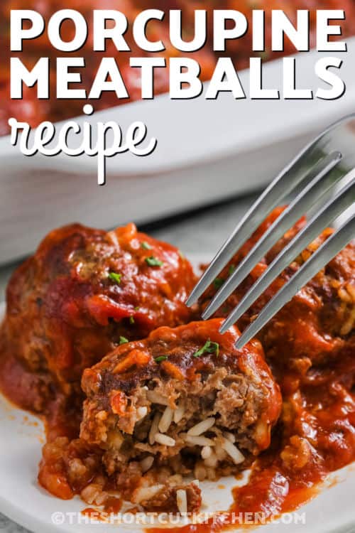 Porcupine Meatballs Recipe with a bite taken out and a title