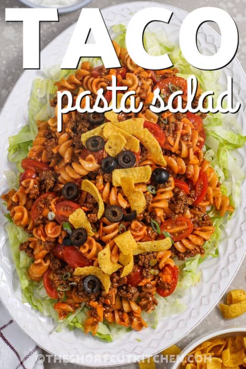 plated Taco Pasta Salad with corn chips and writing