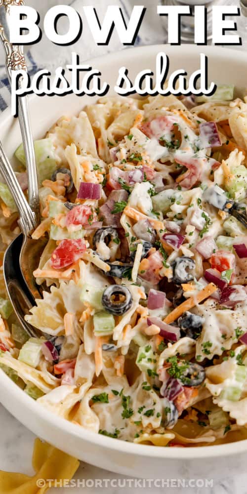 close up of Bow Tie Pasta Salad with writing