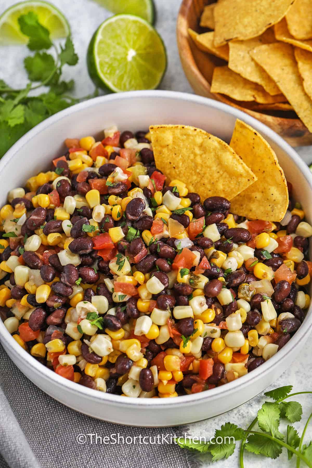 bowl of Corn and Black Bean Salad with tortilla chips